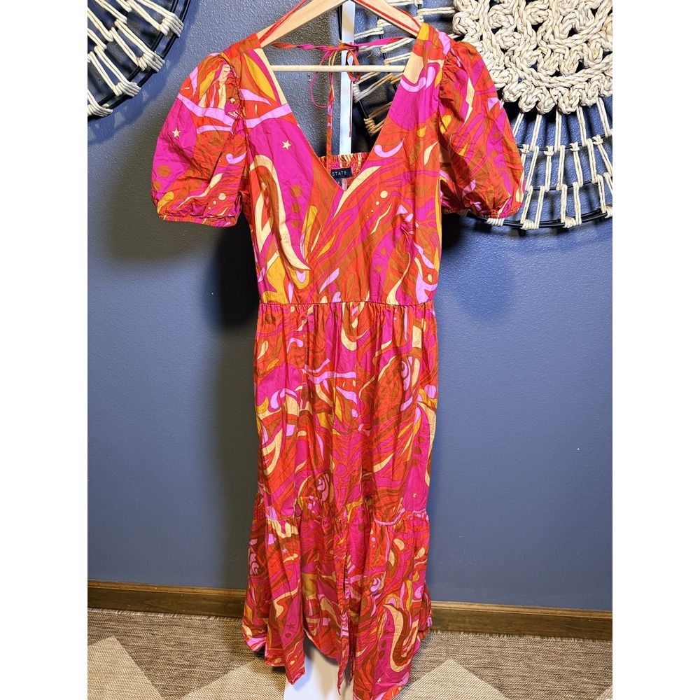1.state Dress Pink and Orange Puff Short Sleeve V-Neckline Maxi Size L